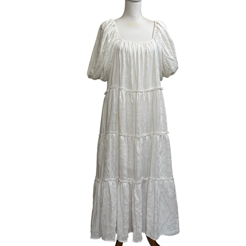 Big Water Blue Sky White Crinkle Rayon Tiered Maxi Dress Cottagecore Boho Small